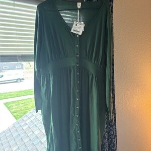 kate quinn Forest Green Long-Sleeve Button-Front Dress